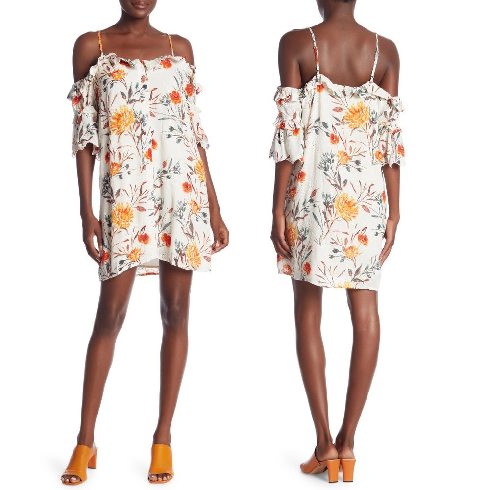 Eyelet Floral Cold Shoulder Ruffle Button Up Dress - Picture 6 of 9